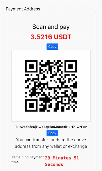 🌷Step 3: Open your cryptocurrency wallet and pay with USDT by scanning the QR code.